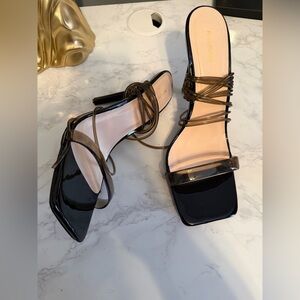 Women's Black Patent Lace-Up Square-Toe Heels